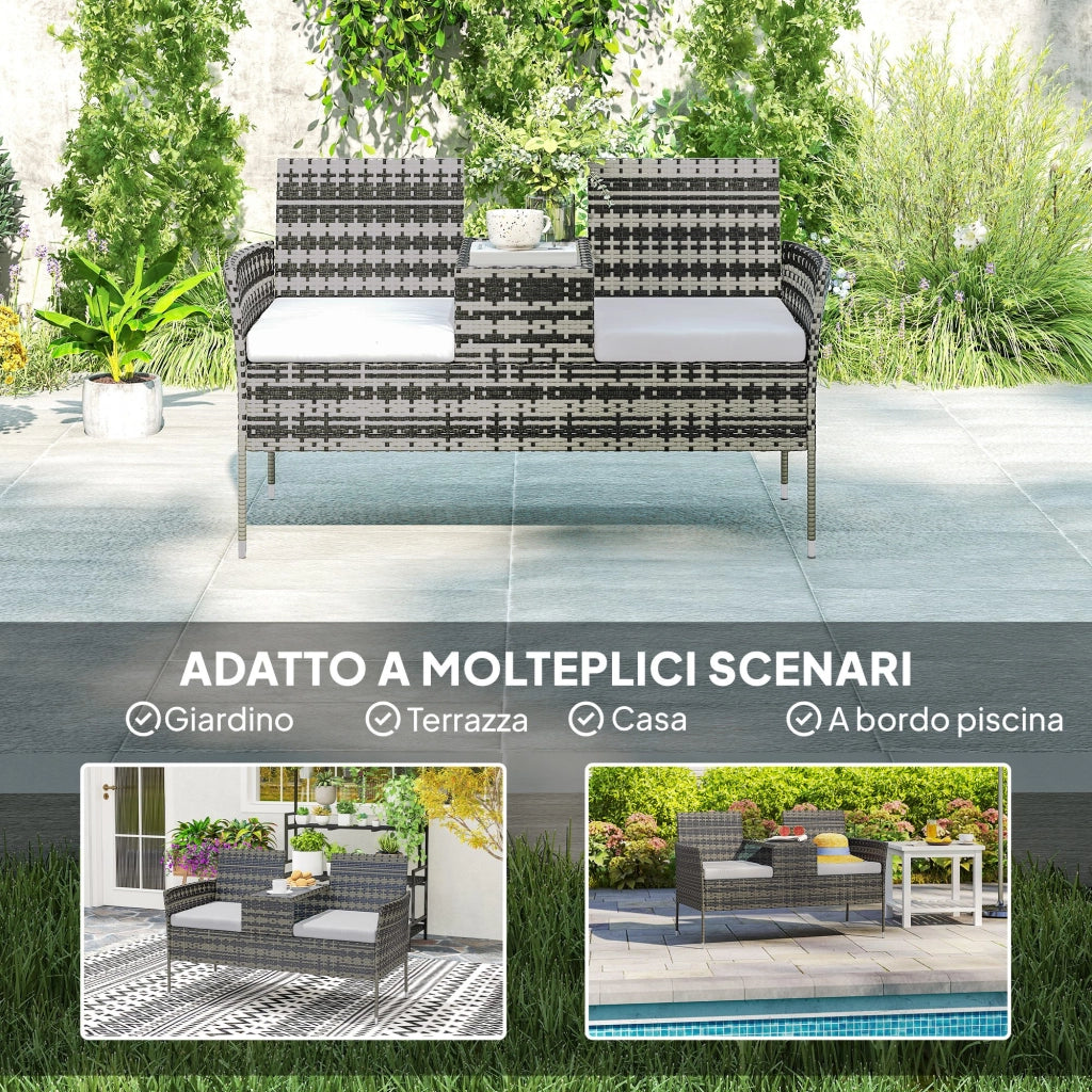 Panchina da Esterno 2 Posti 137x59x82 cm con Tavolino da Caffè in Acciaio e Rattan PE Grigio