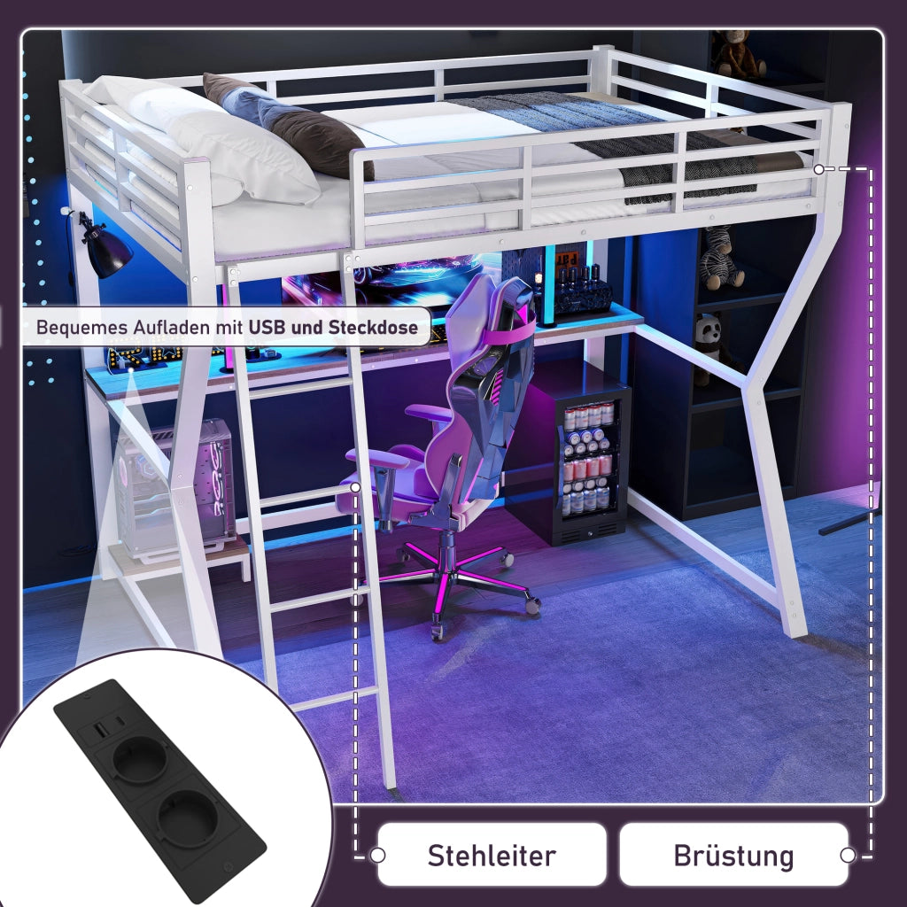 Letto a castello bianco in metallo con funzione led scrivania e vano per pc 90x200 cm