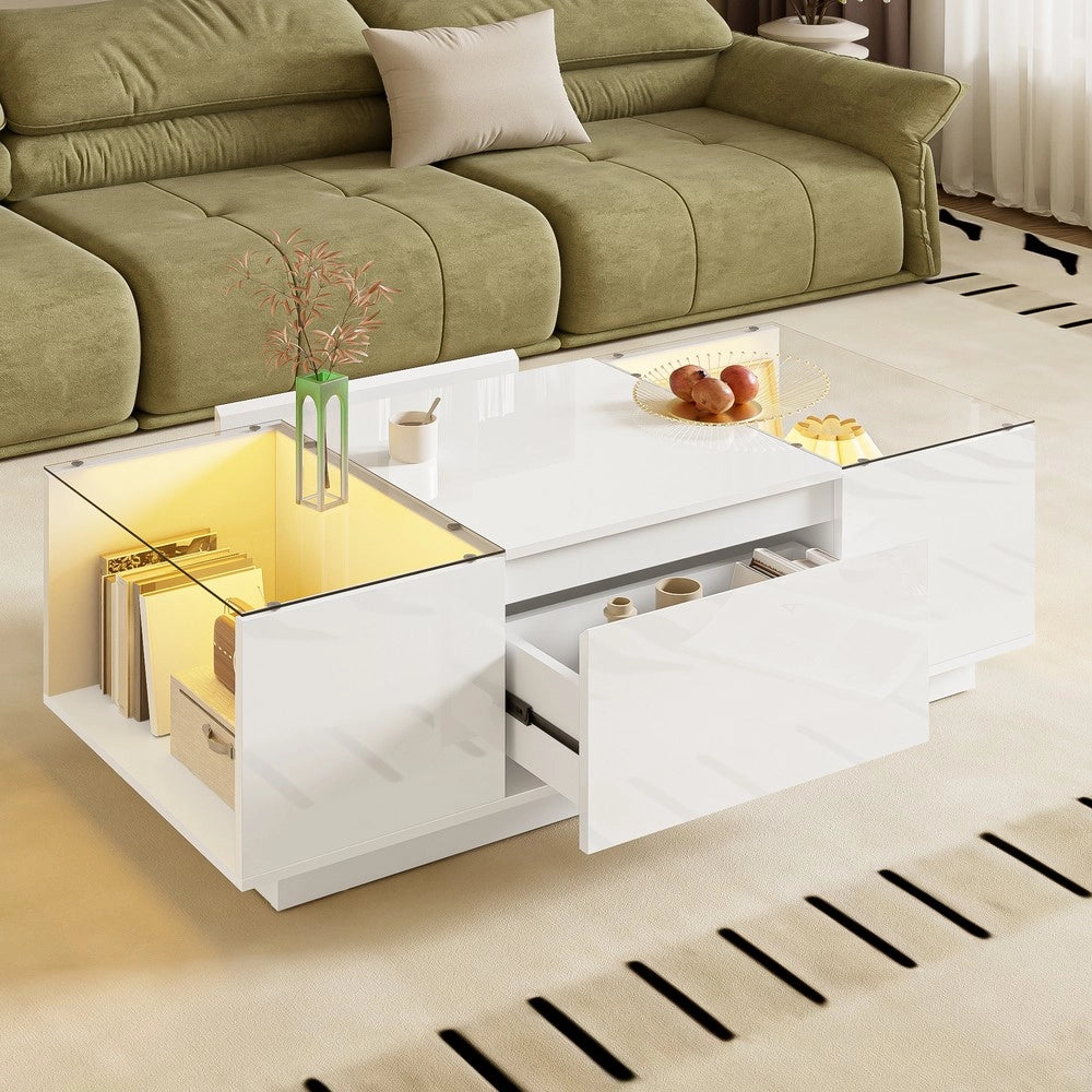 Tavolino da Caff¨¨ con LED, Vetro, 2 Cassetti e Vano Contenitore ¨C MINIMAL ¨C 105 cm