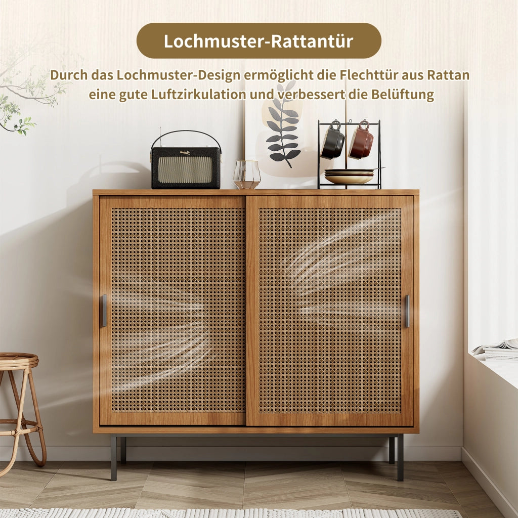 Credenza e Madia con 2 Ante Scorrevoli in Rattan e 3 Ripiani Regolabili; Stile Country; in Pannello Truciolare; 100??37??90 cm; Noce