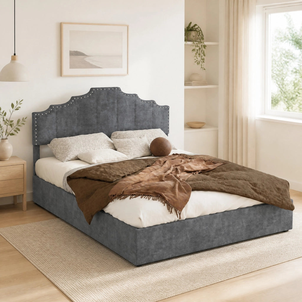 Letto imbottito 140x200 cm con testiera geometrica in velluto grigio