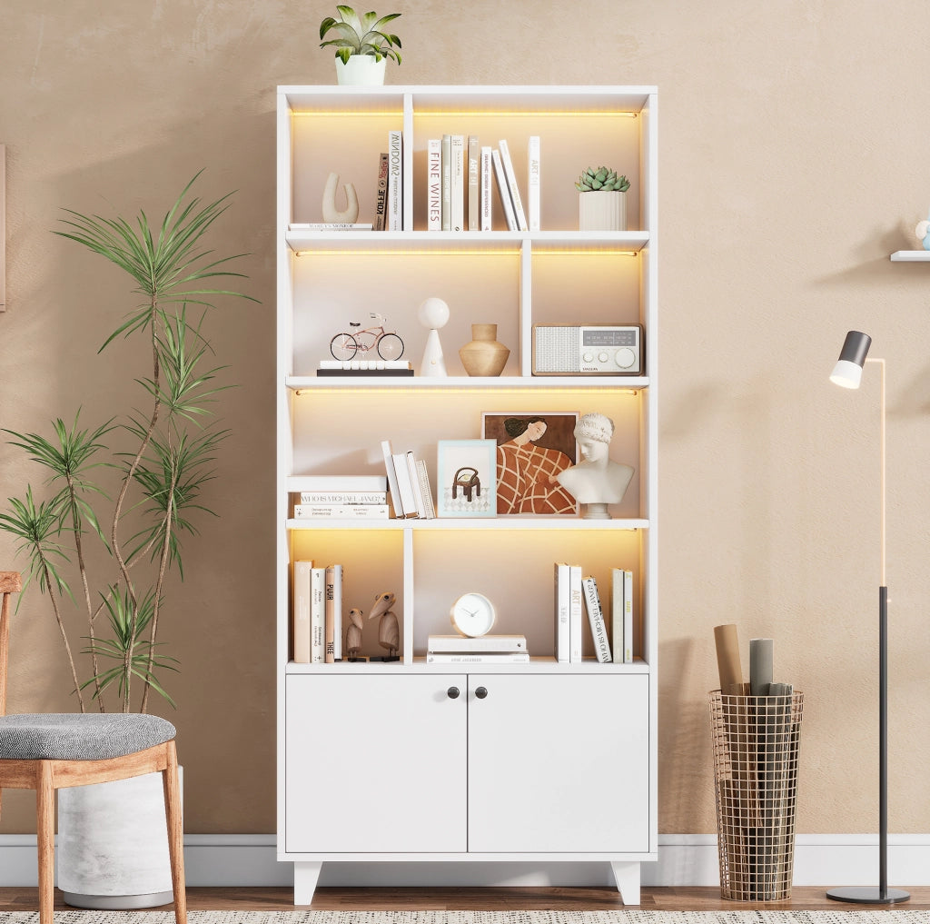 Libreria 80x30x173 cm in MDF bianco， LED via app， 2 ante