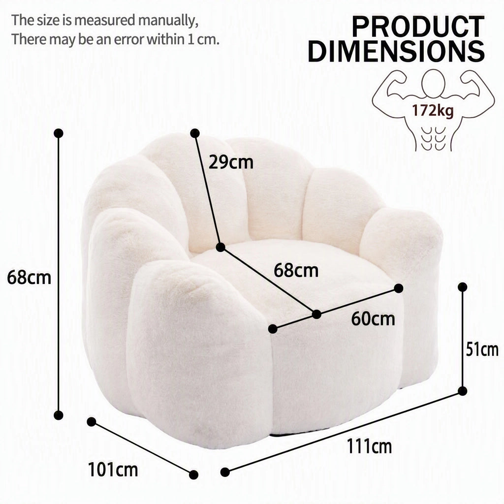 Fauteuil pouf a fiore in velluto peluche con imbottitura in schiuma, leggero e senza montaggio, bianco 47 × 45 × 34 cm