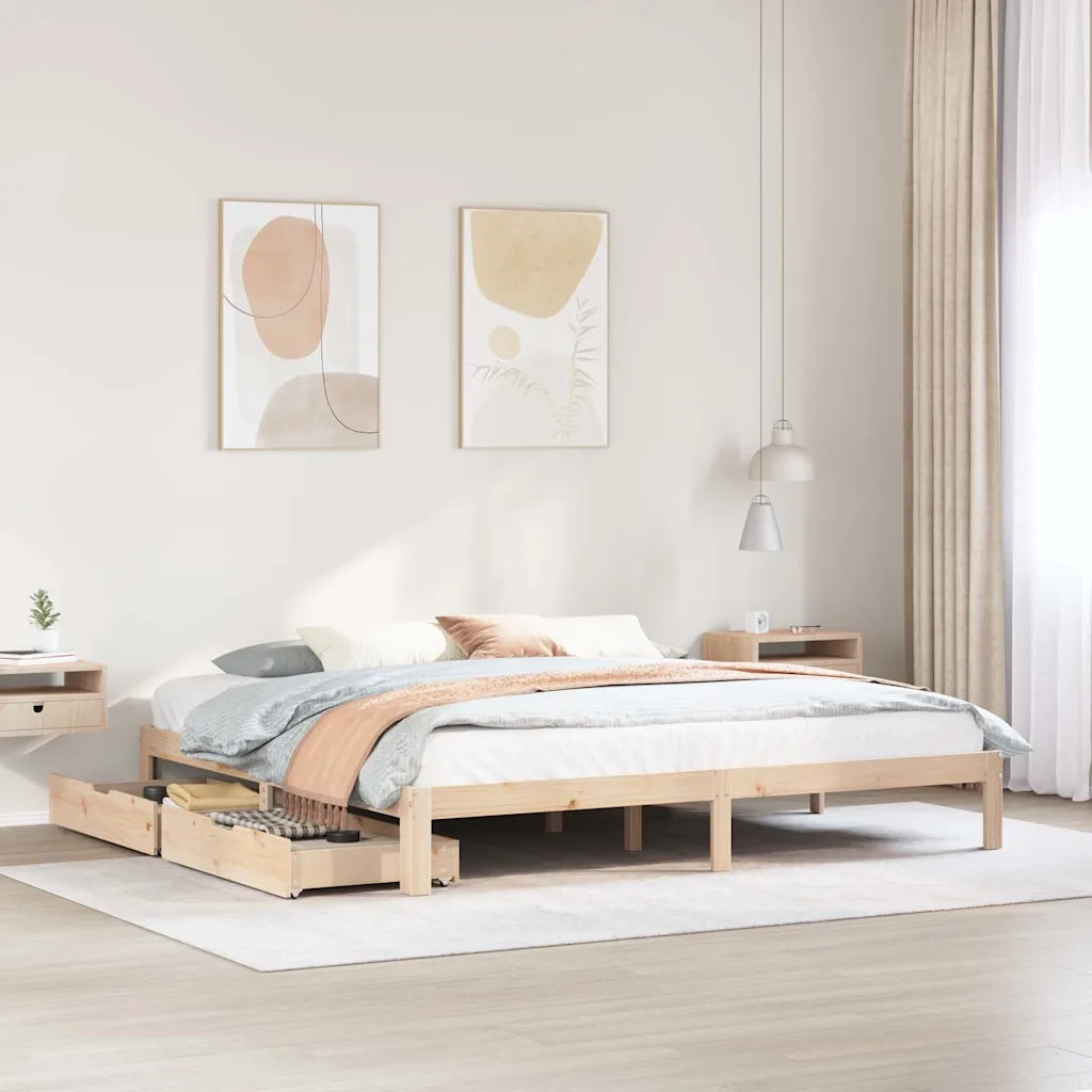 Letto matrimoniale | Letto per adulti | Giroletto con Cassetti 200x200 cm in Legno Massello di Pino