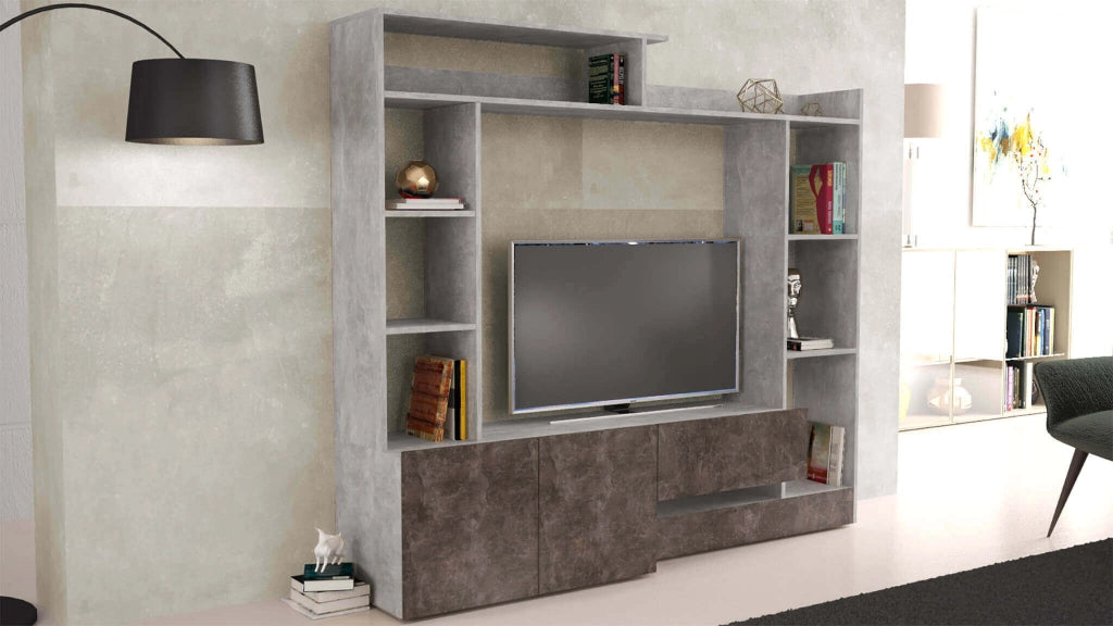 PARETE SOGGIORNO ENTRY GRIGIO EFFETTO CEMENTO E GRIGIO SCURO 180 X 28/40 X H165