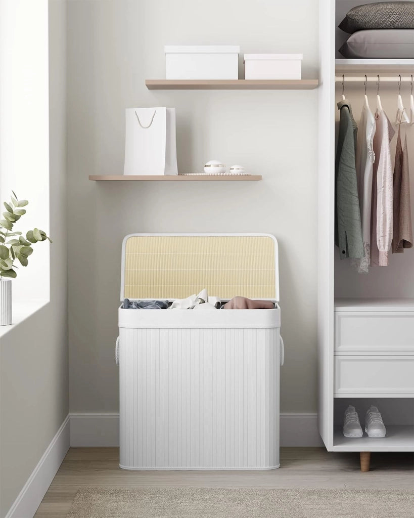 Cesto portabiancheria in bambù VALORA, tre scomparti, bianco, 150L LCB091W01 x3
