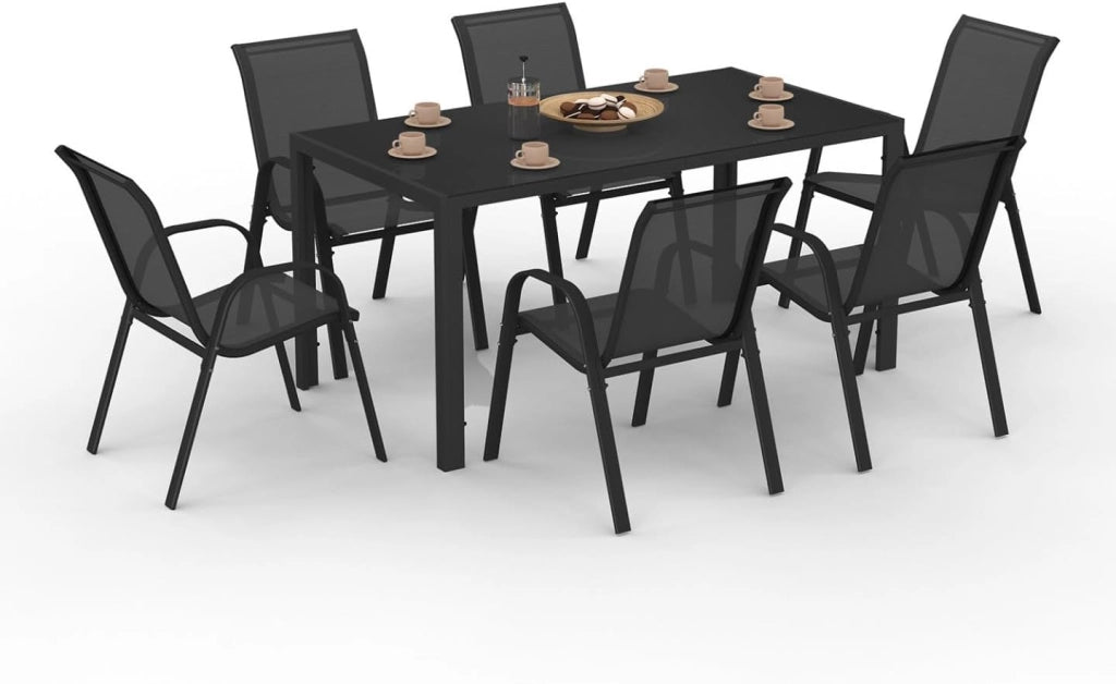 Set di mobili da Giardino Madrid Tavolo 150 CM e 6 sedie impilabili Nero