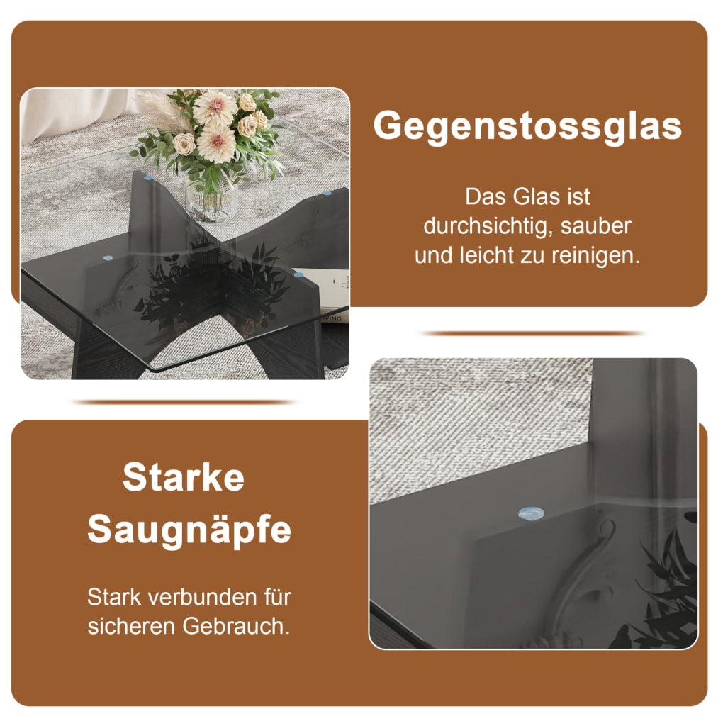 Tavolino da caffè quadrato 80x80x40 cm in vetro di sicurezza e MDF nero