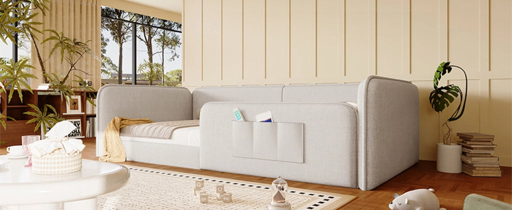 Letto a Piattaforma 90x200 Imbottito in Lino Letto Singolo Beige