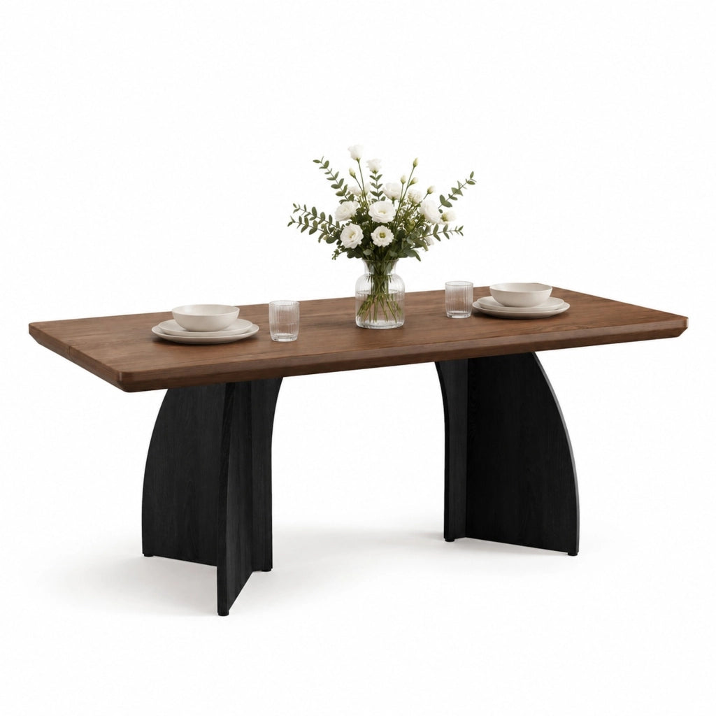 Tavolo da pranzo 160x80 cm in MDF color noce con gambe nere; stile moderno per 4-6 persone