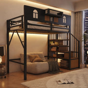 Letto a soppalco 90x200 cm con scala portaoggetti e LED in metallo nero