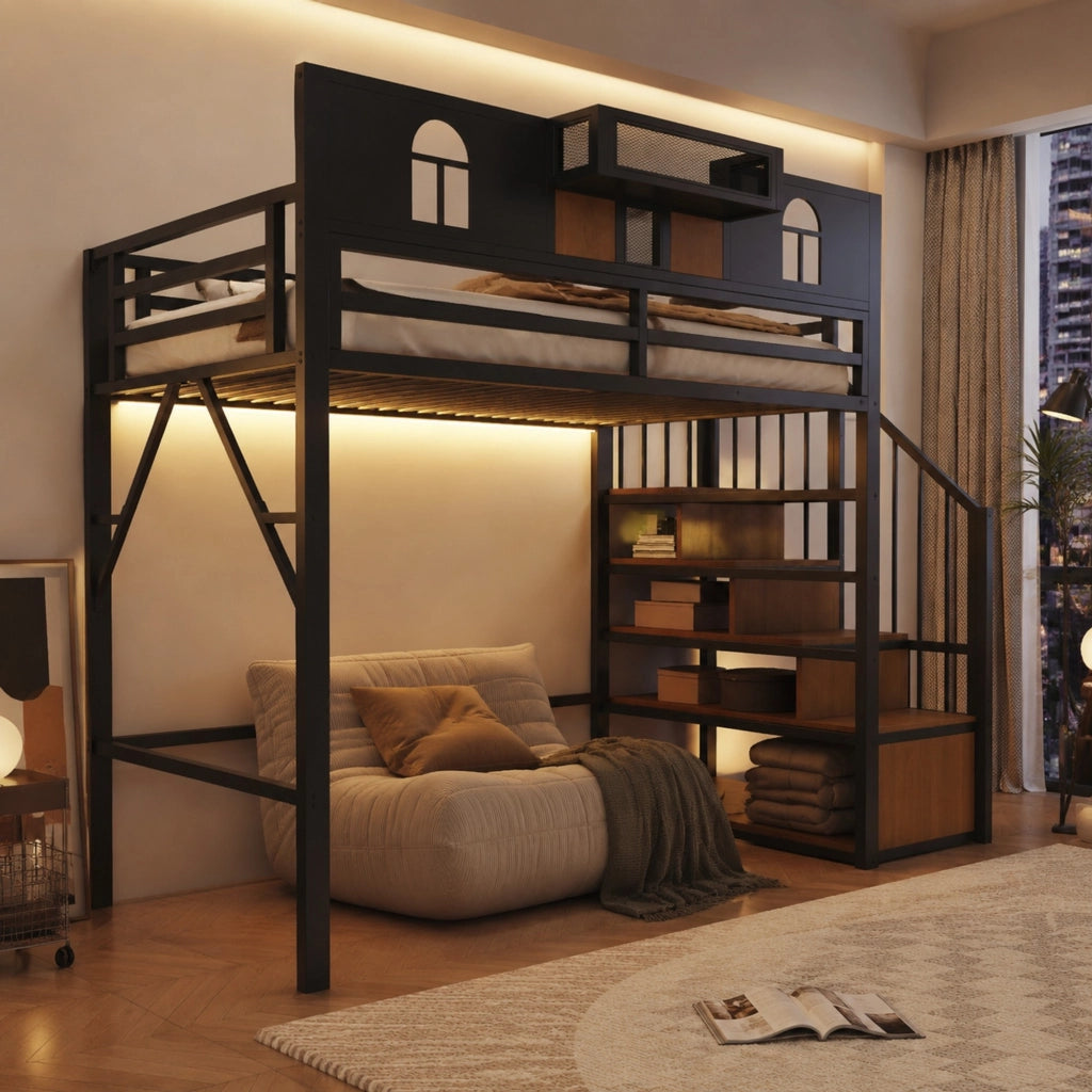 Letto a soppalco 90x200 cm con scala portaoggetti e LED in metallo nero