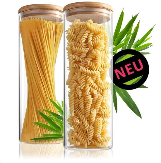 Due contenitori di conservazione alimentare in vetro borosilicato resistente a 1800ml - Contenitori di conservazione a chiusura ermetica - Piatte di conservazione riconfezionabili in bambù da 1,8L (2 pezzi - 1800ml)