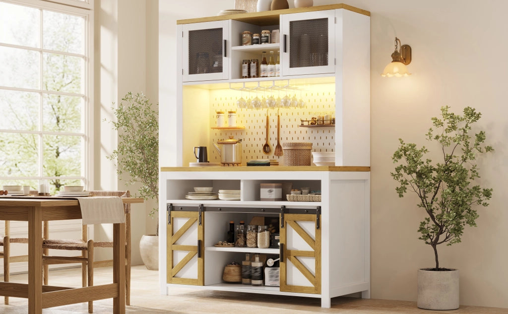 Mobile dispensa alta con LED, presa USB e 4 modalità di apertura, in MDF, bianco, 120 × 40 × 174.5 cm