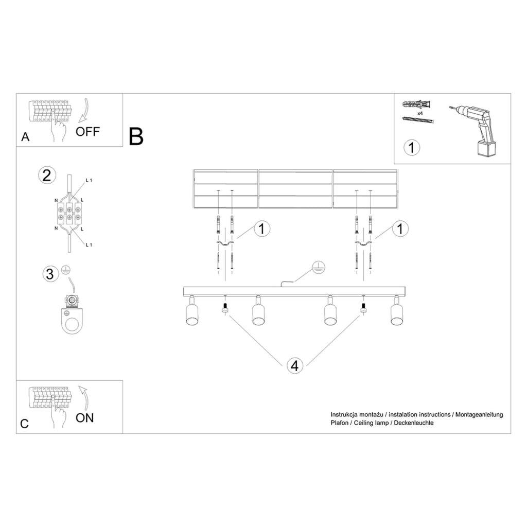 Faretto soffitto barra 4 luci nero/legno GU10 Pure Lume