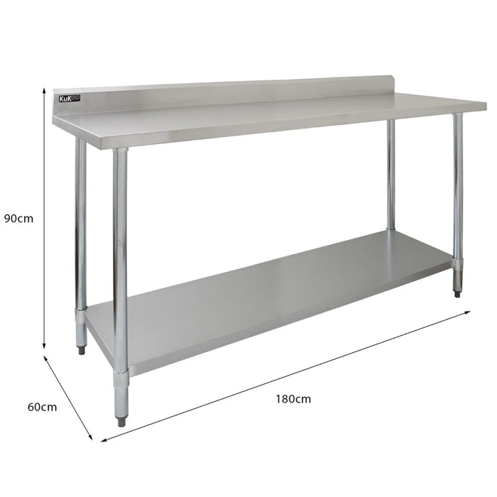 Tavolo da Cucina Commerciale 180cm & 2 Mensola a Muro 125cm in Acciaio Inox