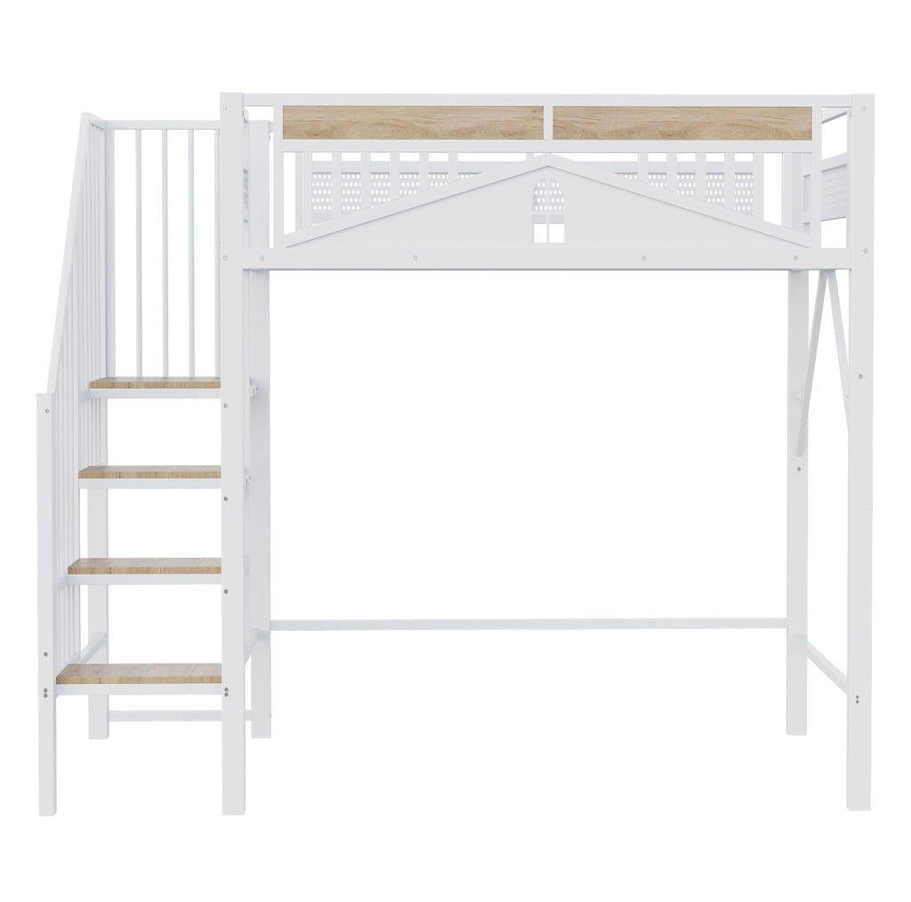 Letto a soppalco 90x200 cm con scala di sicurezza; metallo e legno
