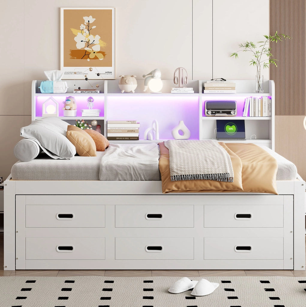 Letto estraibile 140x200 cm con LED, cassetti e USB-C
