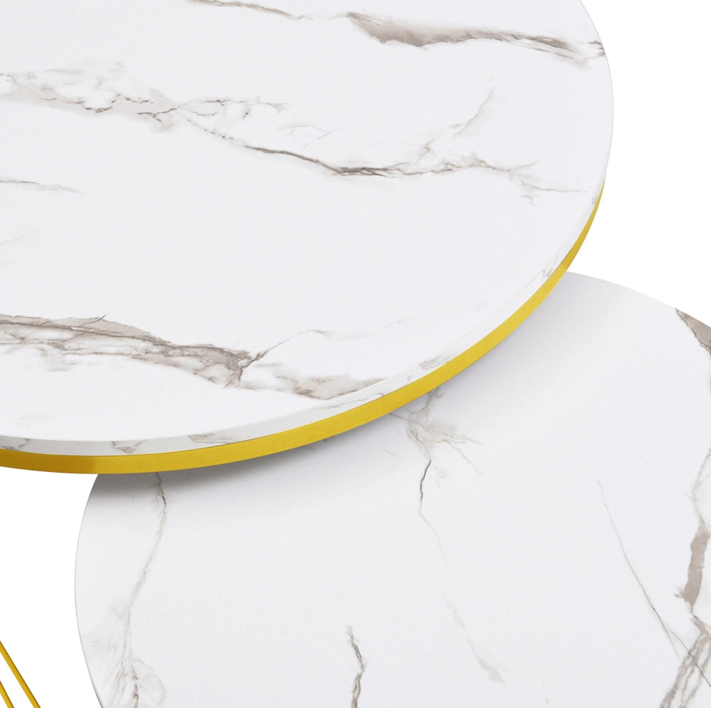 Set 2 tavolini da caffè impilabili con cassetto; effetto marmo; MDF bianco e dettagli oro