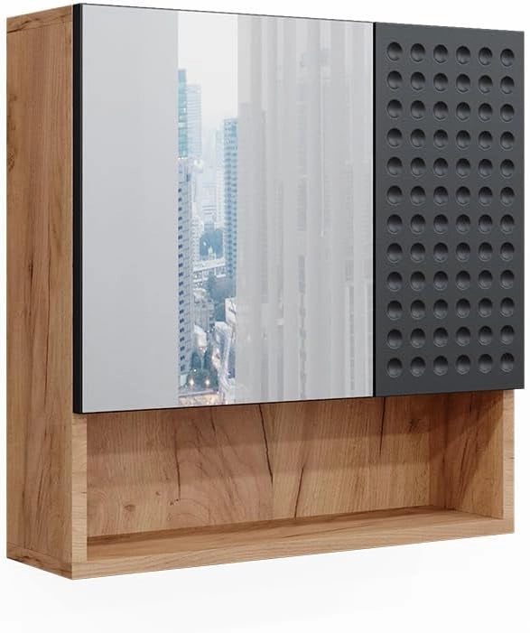 Mobile a specchio per il bagno Irma, Antracite puntinato, 54 x 55 cm, per montaggio a parete con specchio e vani a giorno