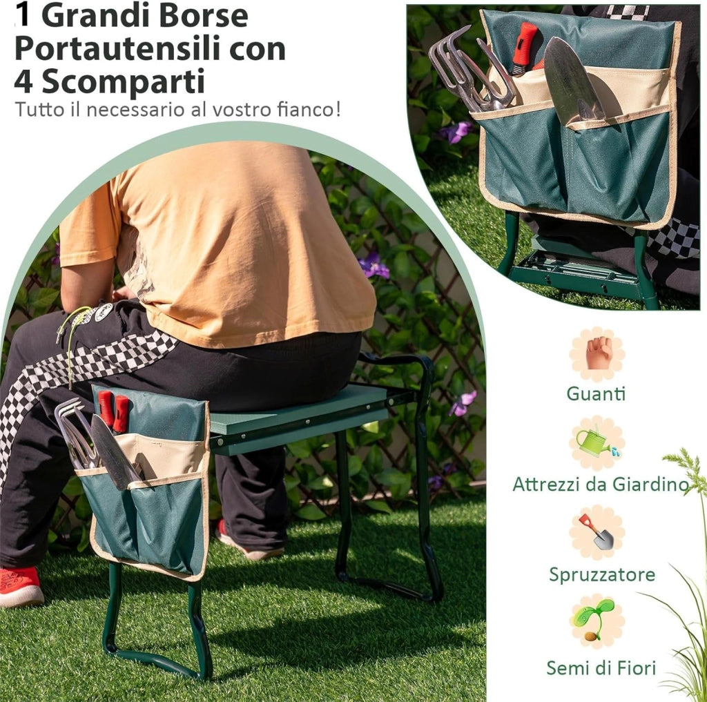 Inginocchiatoio da Giardino 2 in 1 Portatile e Pieghevole, Sgabello da Giardino con Grande Borsa per Attrezzi, Sedile per Giardinaggio per Inginocchiare e Sedere