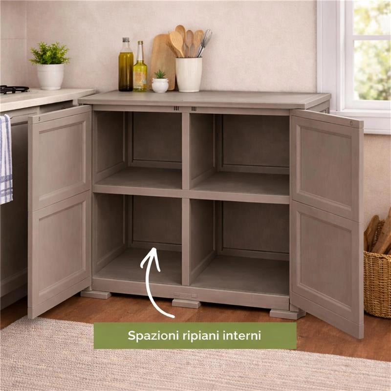 ARMADIO 2 ANTE TAUPE 79X43X85,5 CM CON 4 SCOMPARTI – MOBILE CONTENITORE COMPATTO PER ZONA GIORNO E INGRESSO
