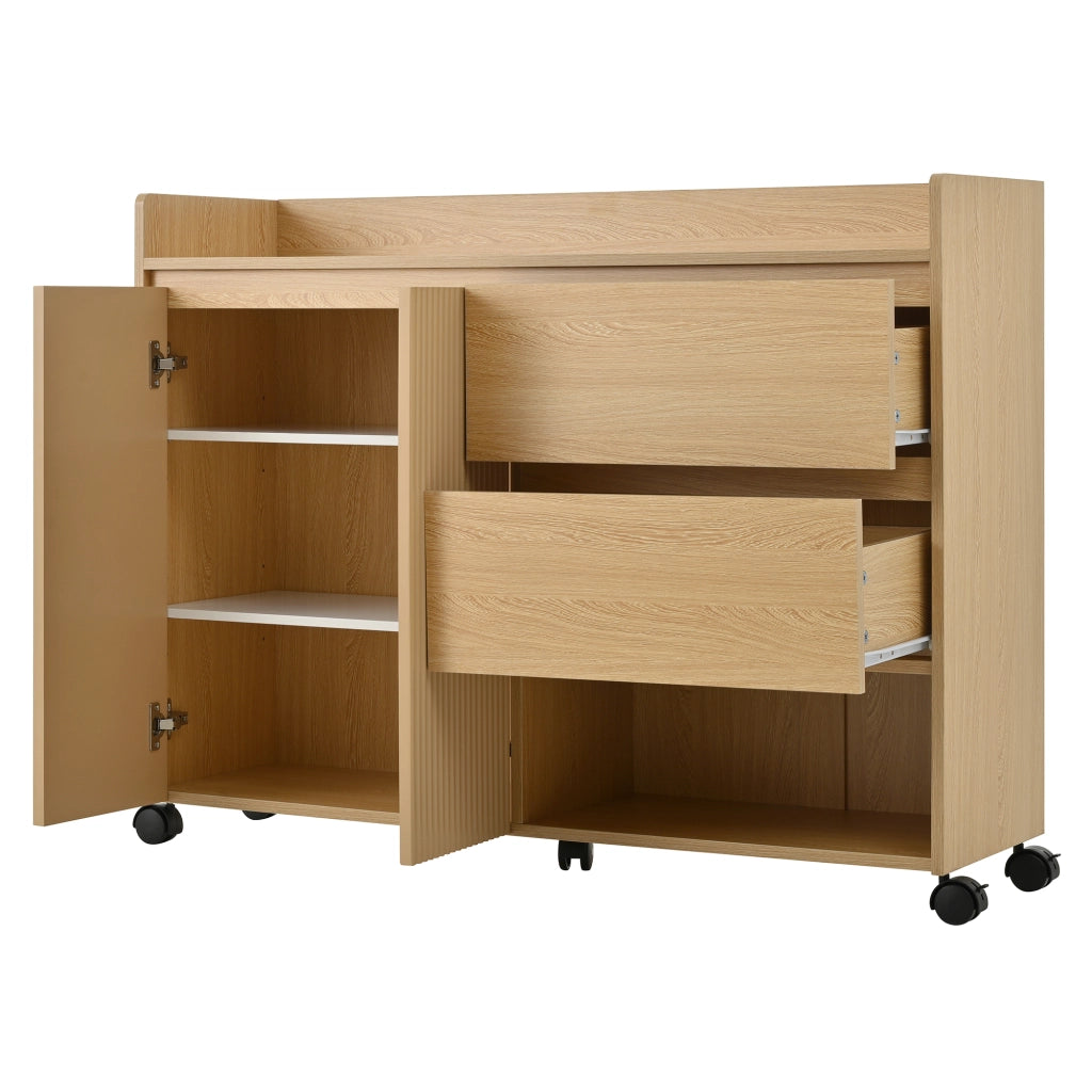 Mobile Scarpiera con 2 Ante; 2 Cassetti e Vani Aperti; con Ruote con Freno; in MDF; 110×35×86 cm; Naturale