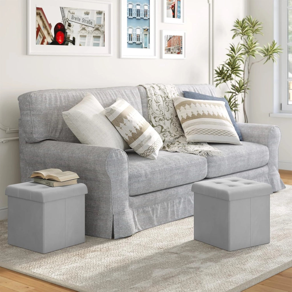 Set di 2 Pouf Pieghevole, Scatola Portaoggetti con Seduta in Velluto, Pouf Contenitore per Soggiorno Camera da Letto Ingresso, Sgabello Ripiegabile,Grigio Chairo