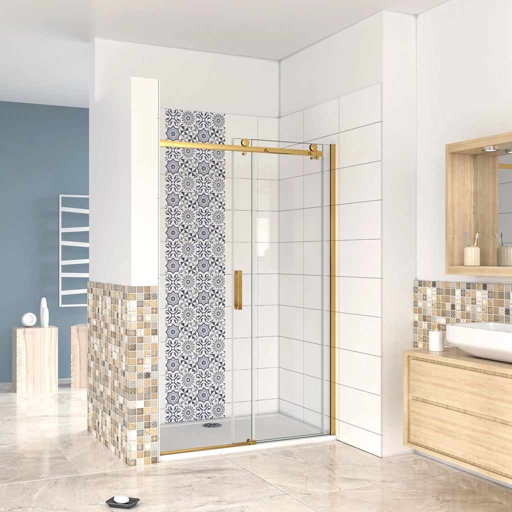 Box Doccia Per Nicchia Porta Scorrevole Ingresso Laterale in Vetro 8 mm Temperato Trasparente Anticalcare Telaio Cromato Lucido Finitura Oro 110x195 cm