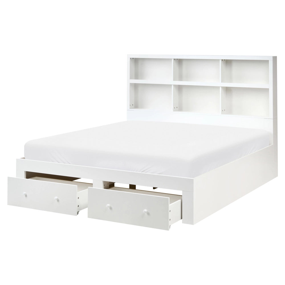 Letto matrimoniale in legno con contenitori a 2 cassetti e ripiani bianco 160 x 200 cm stile minimalista