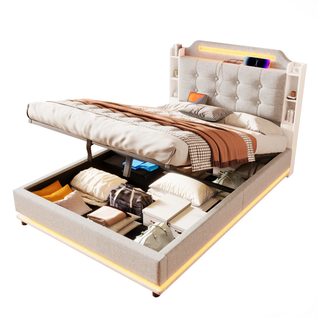 Letto Contenitore 140 x 200 cm - LED; USB; Tipo C e Vani Portaoggetti - Lino - Beige