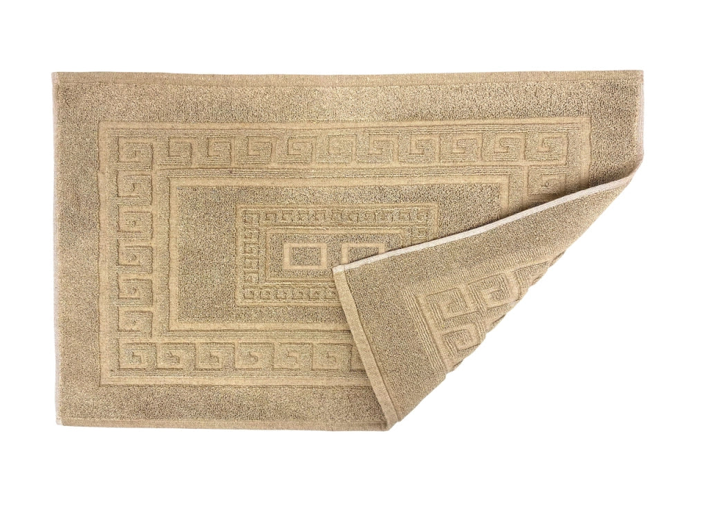 Tappeto Bagno Doccia Spugna Tinta Unita Torino Tappetino Super Assorbente In Cotone Pelo Corto Con Greca - Parure 3 Pezzi - Beige