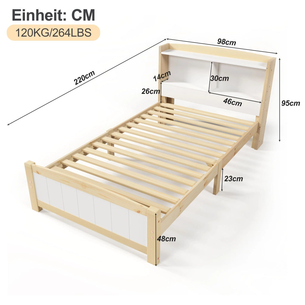 Letto singolo 90 × 200 cm con testiera contenitore, materasso incluso, in legno massello bianco