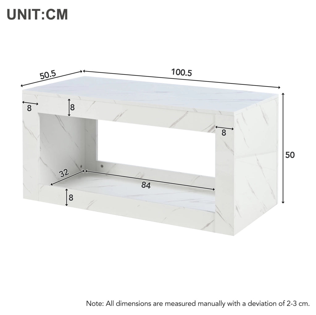 Tavolino da caffè con LED e vano aperto 100x50x50 cm bianco effetto marmo