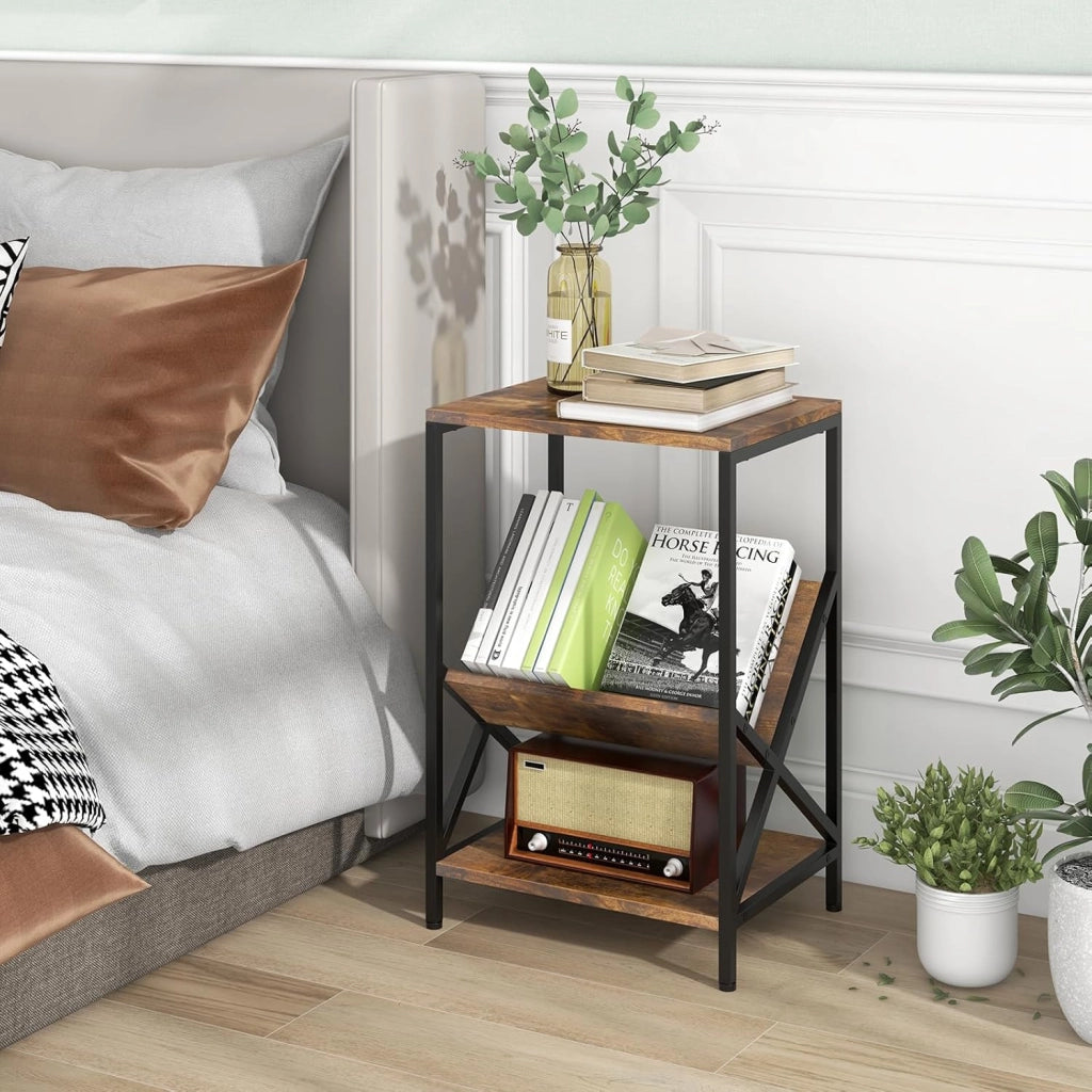 Tavolino da Divano a 3 Livelli con Ripiani, Tavolino da Salotto Industriale con Ripiano a V Traverse e Piano Liscio, Tavolino Robusto per Soggiorno, Camera da Letto e Ufficio, Marrone