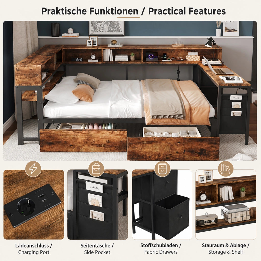 LETTO Singolo 120x200 cm Metallo e Legno Nero/Naturale con 2 Cassetti