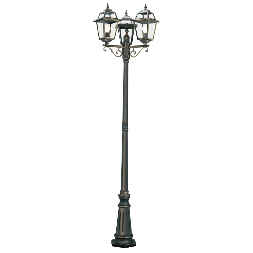 Lampione Da Esterno Vintage Nuova Orleans Alluminio Nero Vetro Oro 3 Luci E27