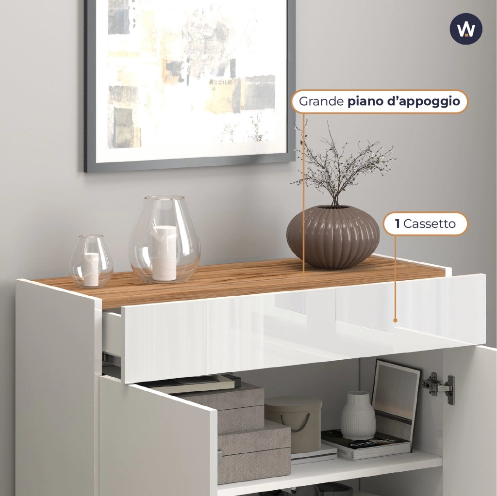WHOUS Credenza Garda 2 ante e 1 cassetto bianco lucido e rovere 80,9x35x70 cm