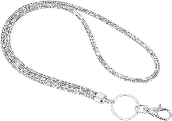 Lanyard Luxe con Strass - Bianco - Per donne in ufficio - Collare con cristalli - Chiusura metallica - Porta chiavi - Orecchini per ID - 315 pollici