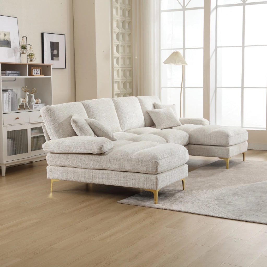 Divano a U 272x136x88 cm con due sedute reclinabili in chenille beige