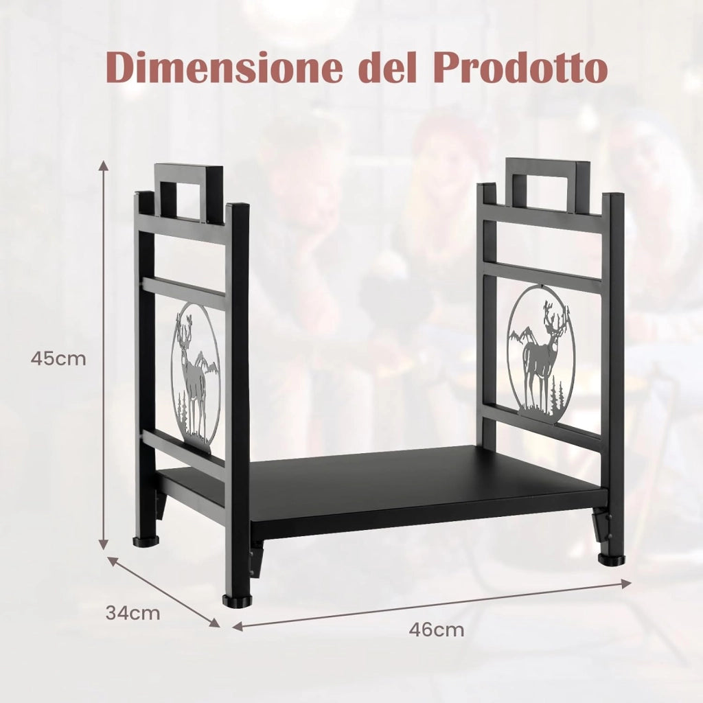 Porta Legna in Metallo, Portalegna con Motivi di Cervo, Impugnature Comode e Piedini Regolabili, Porta Legna Piccolo da Interno ed Esterno per Camino, Braciere e Stufa a Legna