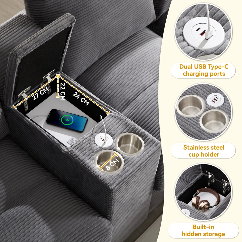 Divano ad angolo a U 4-5 posti con contenitore e porte USB, portabicchiere, in velluto a coste, Grigio 293 × 142 × 93 cm