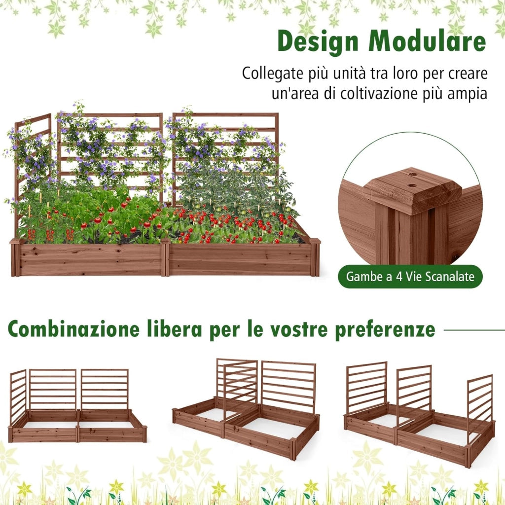 Letto Rialzato da Giardino con 2 Cassoni per Piantare e 3 Tralicci, Aiuola Rialzata da Giardino in Legno per Fiori, Erbe, Verdure, Frutta e Viti Rampicanti, 222 cm x 114 cm x 110 cm (Marrone)