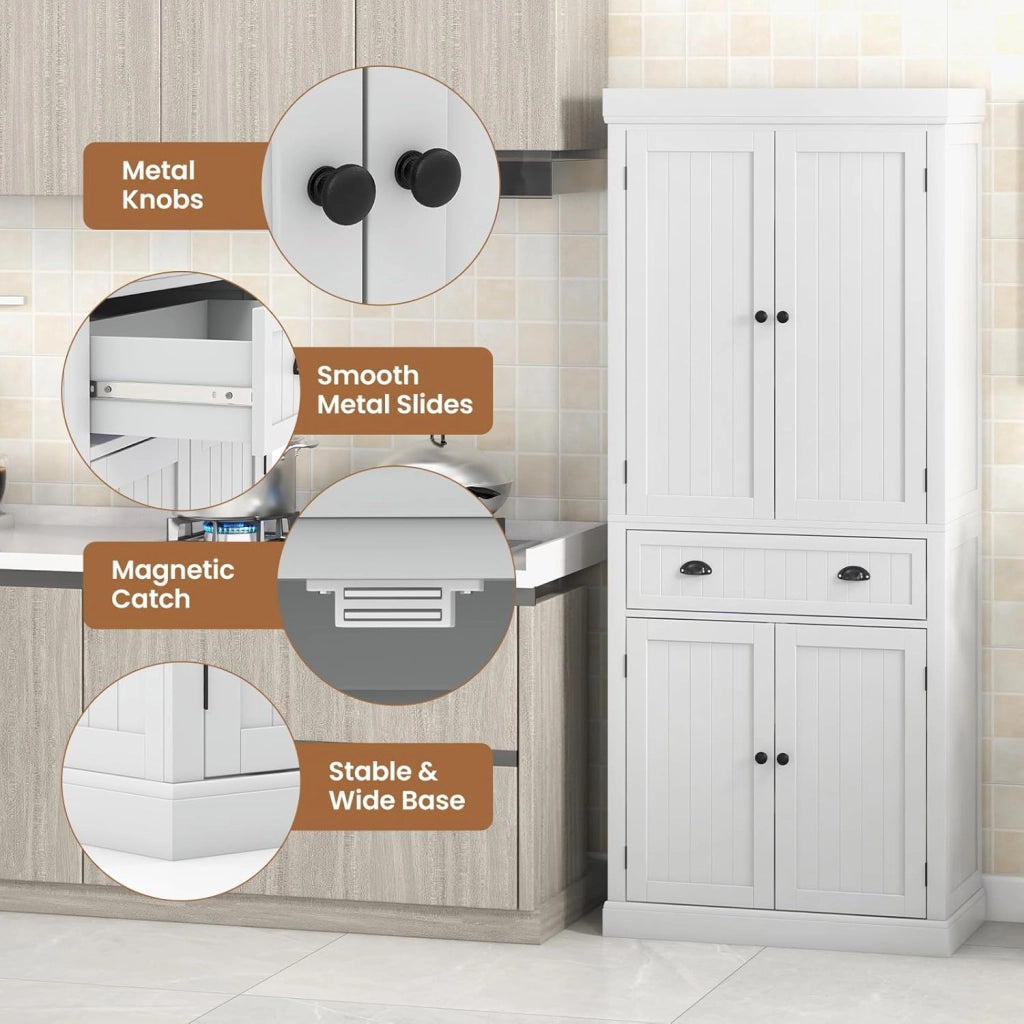 Credenza Alta da Cucina 183,5 cm, Armadio Alto a Buffet in Legno, Mobile Cucina Dispensa con Ripiani Regolabili e Cassetto, per Soggiorno, Sala da Pranzo, 76 x 40 x 183 cm (Bianco)