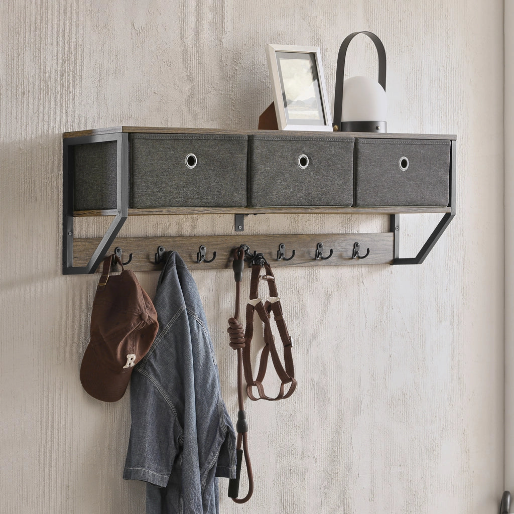 SoBuy Appendiabiti a parete con 3 cesti e 7 ganci Mensola pensile Armadio vintage 100x20x30cm FHK26-N
