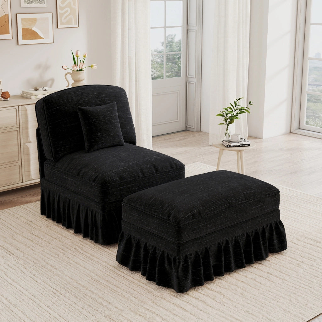 Poltrona relax con pouf e gonna rimovibile - schienale imbottito - in chenille nera