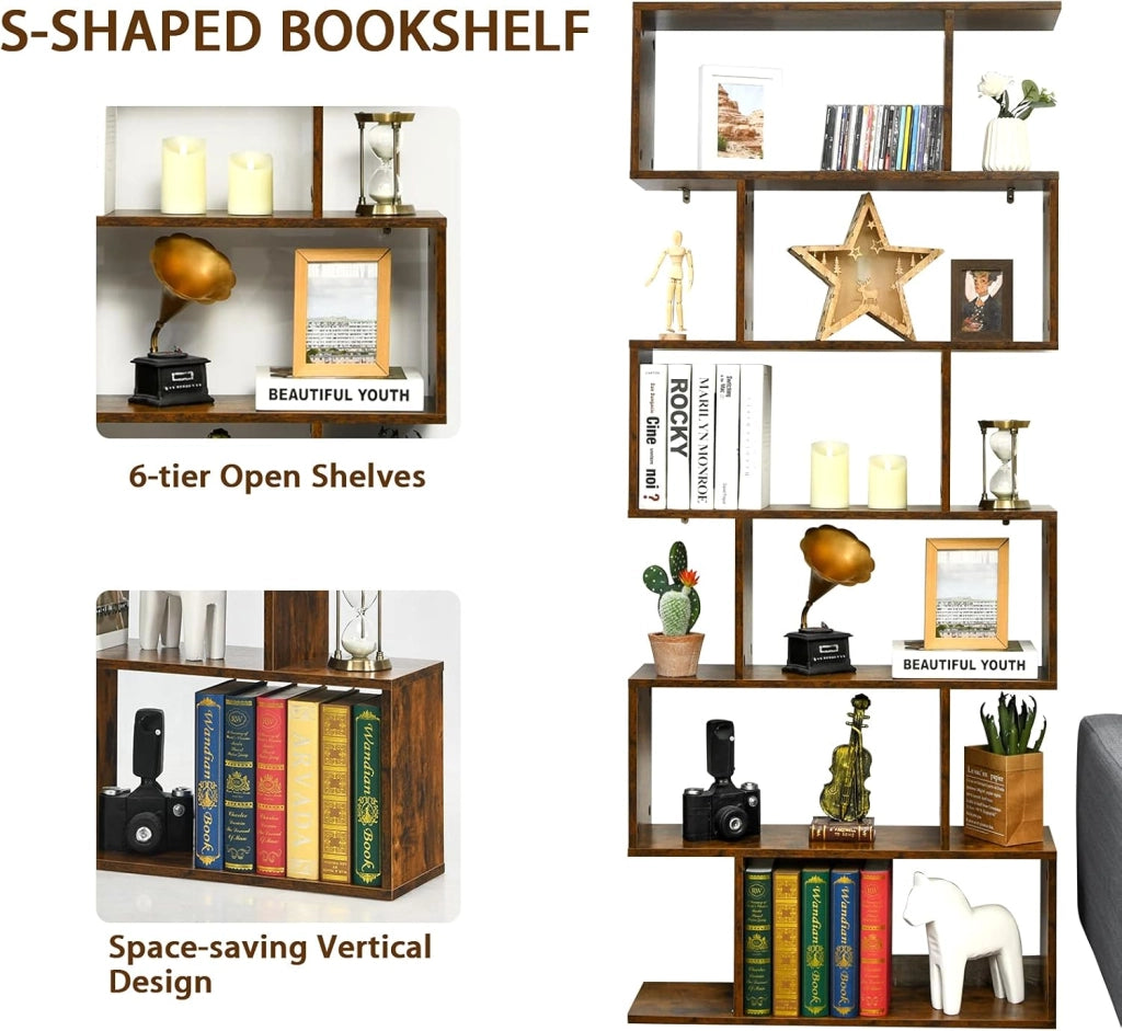 Libreria a Forma di S, Scaffale con 6 ripiani, Libreria in Legno a 6 Livelli, Scaffale per Libri, Libreria Multifunzionale, con Design di Antiribaltamento, 80 x 23 x 191 cm (Marrone)