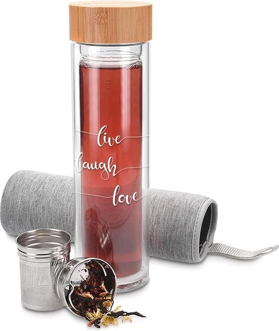 Tè con filtro vetro - 450 ml - Fiaschetto di vetro per acqua - Onda doppia per bevande - Fiaschetta con cappuccio in bambù, infusore per tè e guanto protettivo