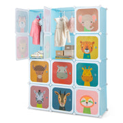 Armadio portatile per bambini, Armadio con 12 cubi con 2 sezioni appendibili com¨° con cartoon Blu