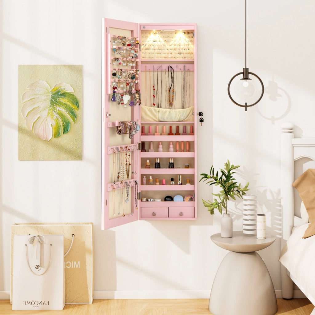 Armadio portagioie con specchio in legno a parete con LED interno 35,5x10x120cm Rosa-Armadietti per gioielli